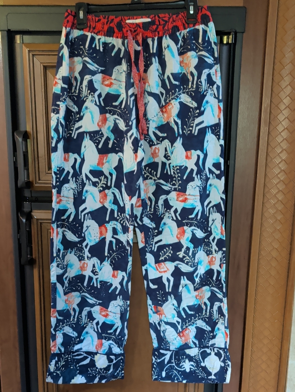 Anthropologie Navy Pajama Pants with Blue and Red Horse Print Cornelia Odonovan